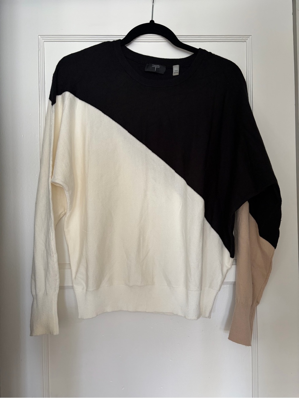 Tahari Black, Cream & Tan Diagonal Colorblock Crewneck Sweater